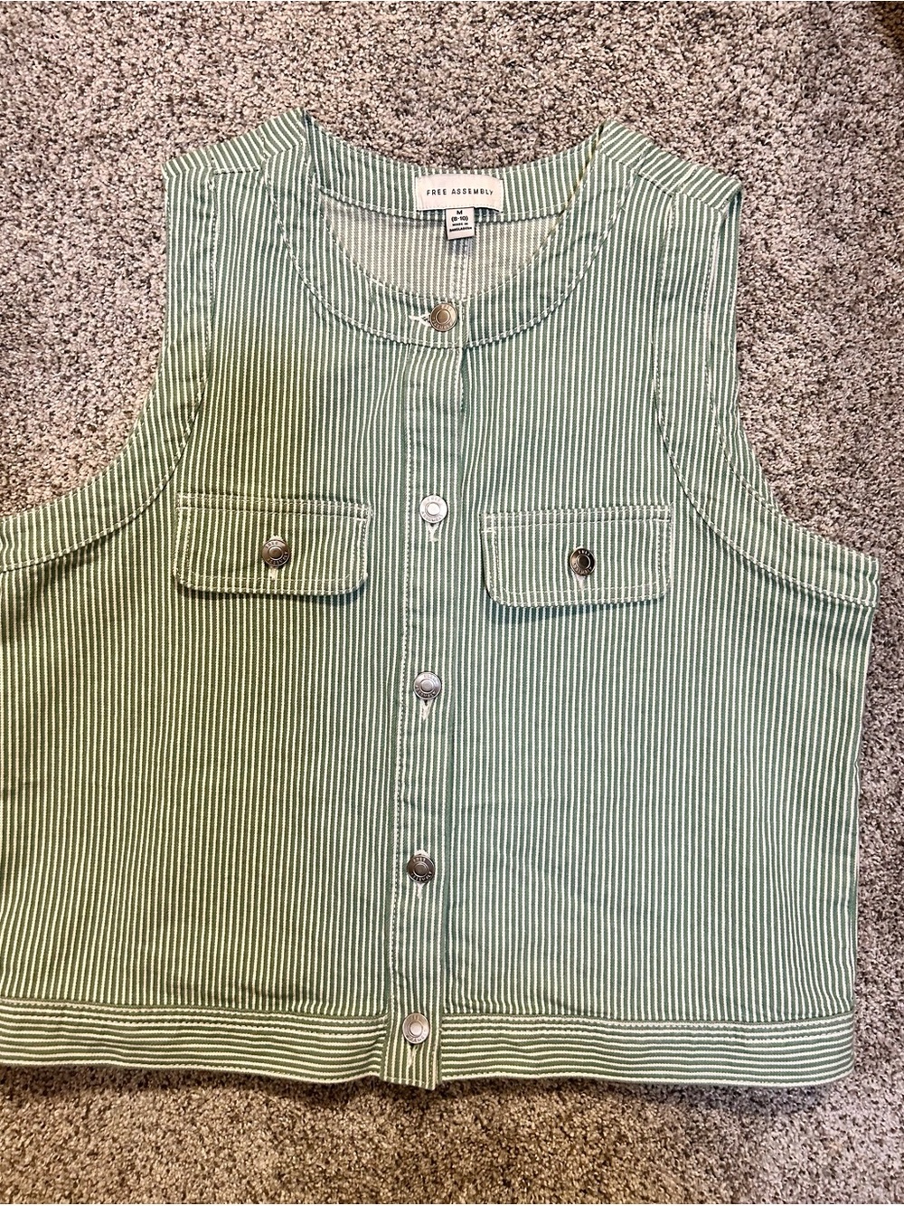 Free Assembly Green Striped Button Front Denim Vest